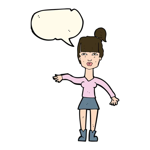 Cartoon woman making dismissive gesture with speech bubble — Stock Vector