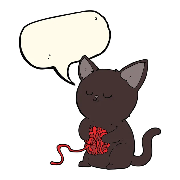 Χαριτωμένο μαύρη γάτα γελοιογραφία παιχνίδι με μπάλα του νήματος με ομιλία bub — Διανυσματικό Αρχείο