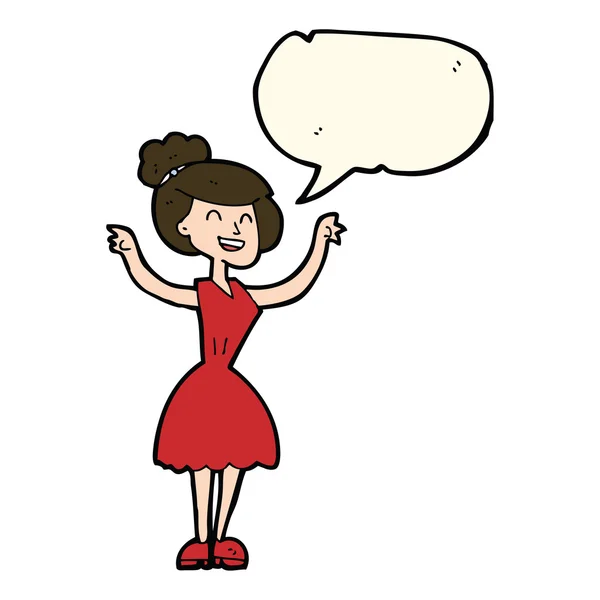 Karikatur Frau mit erhobenen Armen mit Sprechblase — Stockvektor