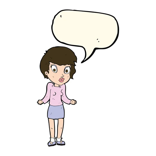 Cartoon woman shrugging shoulders with speech bubble — Stock Vector