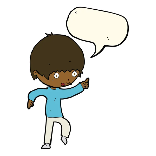 Desenho animado menino preocupado apontando com bolha de fala — Vetor de Stock