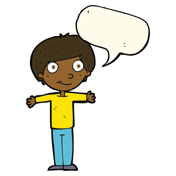 Cartone animato ragazzo felice con le braccia aperte con la bolla discorso — Vettoriale Stock