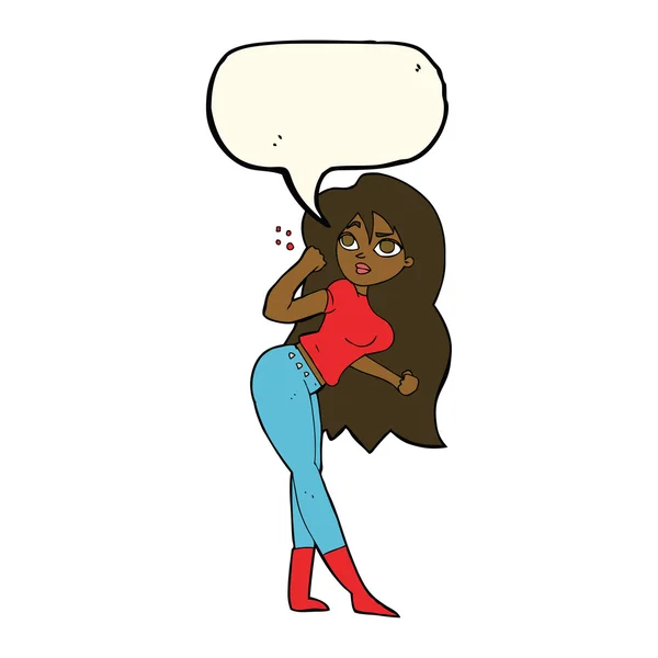 Femme dessin animé levant le poing avec bulle de parole — Image vectorielle