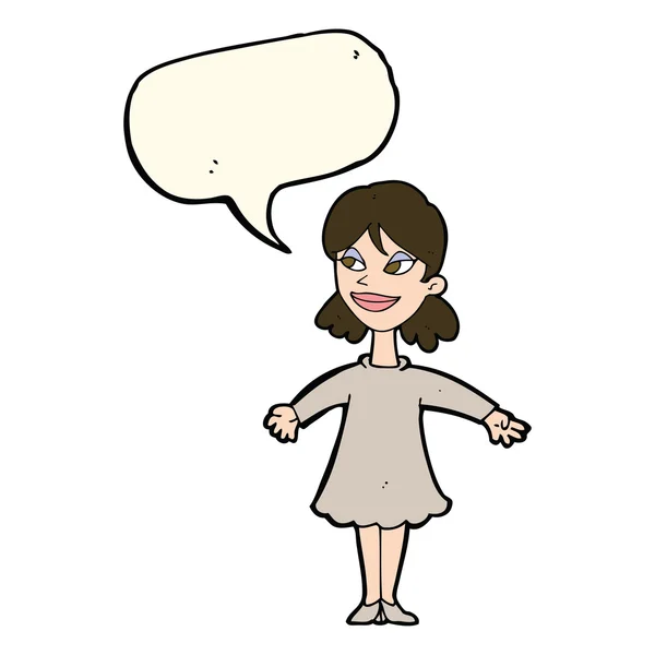 Cartoon woman with open arms with speech bubble — Stock Vector