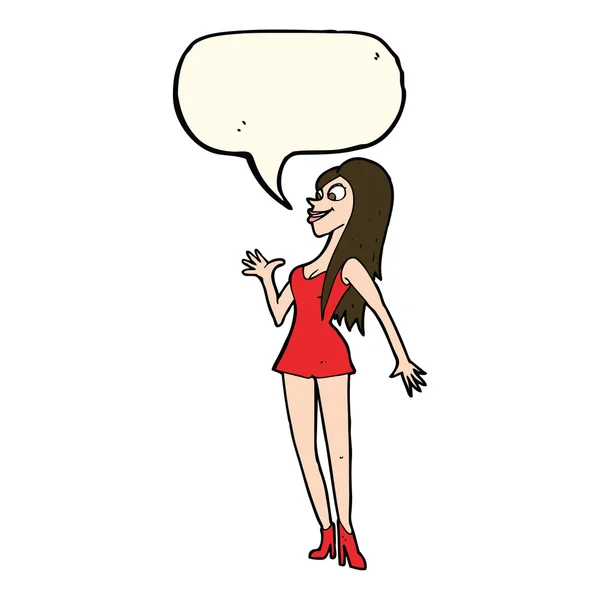 Cartoon woman in pink dress with speech bubble — Stock Vector