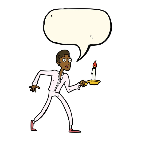 Dessin animé homme effrayé marche avec chandelier avec bulle de parole — Image vectorielle