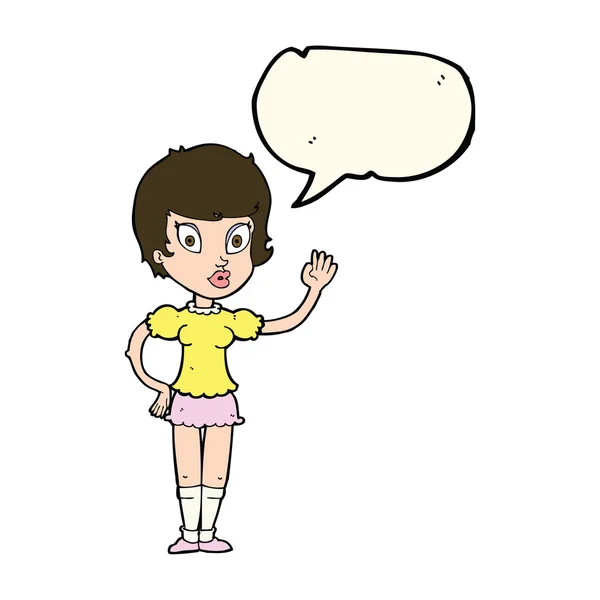 Cartoon pretty girl waving with speech bubble — Stock Vector