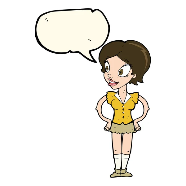 Cartoon happy woman in short skirt with speech bubble — Stock Vector