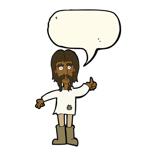 Мультфильм хиппи человек давая большие пальцы вверх символ с мыльным пузырем речи — стоковый вектор