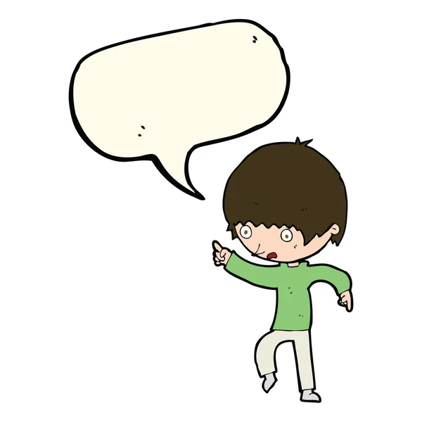 Karikatur besorgter Junge zeigt mit Sprechblase — Stockvektor