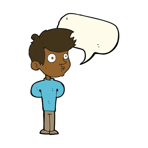 Cartoon jongen staren met spraak zeepbel — Stockvector