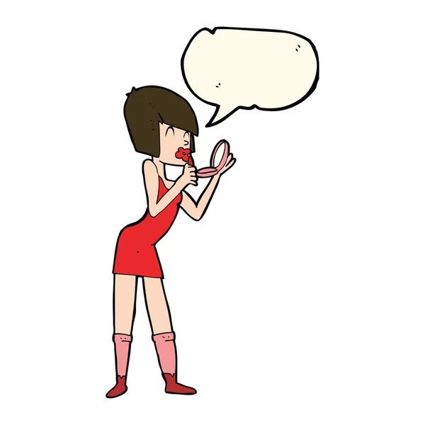 Mujer de dibujos animados aplicando lápiz labial con burbuja del habla — Archivo Imágenes Vectoriales