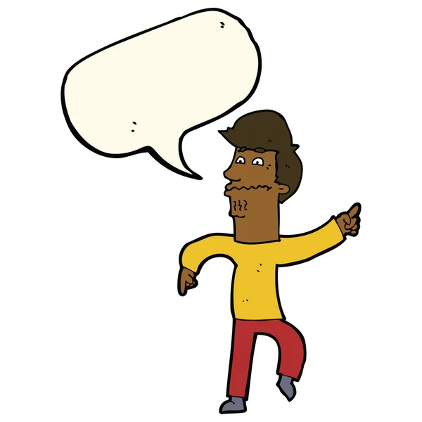 Cartone animato preoccupato uomo che punta con la bolla discorso — Vettoriale Stock