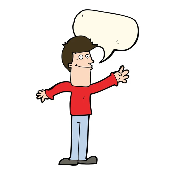 Karikatur glücklicher Mann winkt mit Sprechblase — Stockvektor