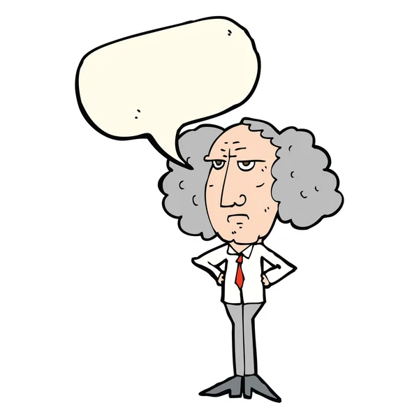 Cartoon big hair lecturer man with speech bubble — Stock Vector