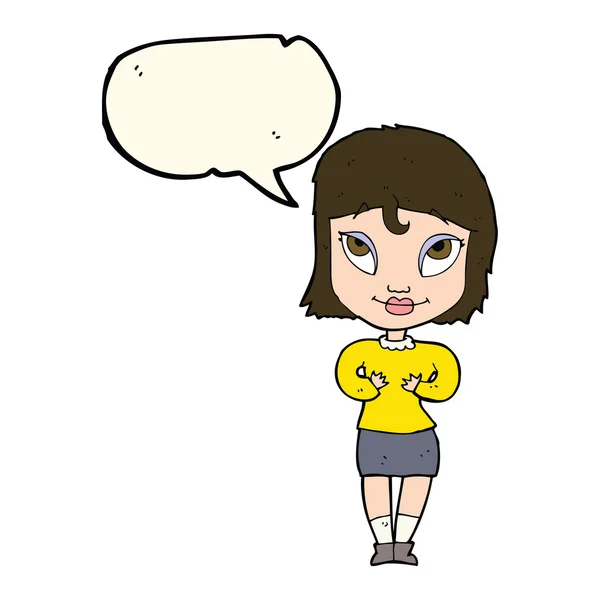 Cartoon woman gesturing at self with speech bubble — Stock Vector