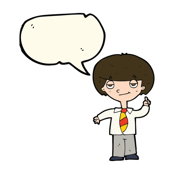 Cartoon school boy answering question with speech bubble — Stock Vector