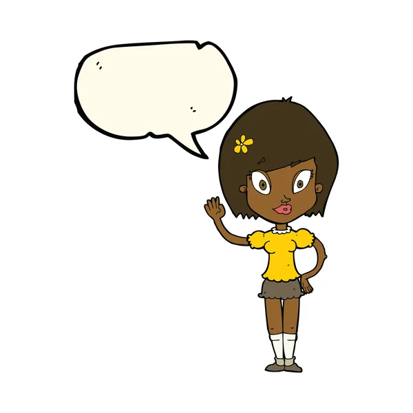 スピーチバブルで手を振っている漫画の可愛い女の子 — ストックベクタ