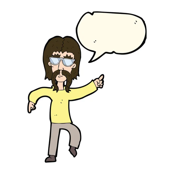 Desenho animado hippie homem vestindo óculos com bolha de fala — Vetor de Stock