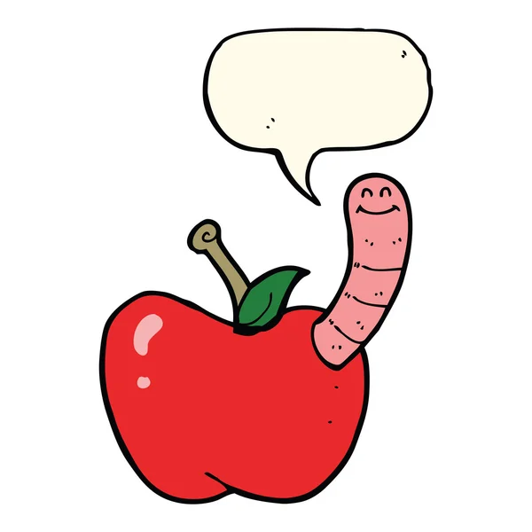 Manzana de dibujos animados con gusano con burbuja de habla — Vector de stock