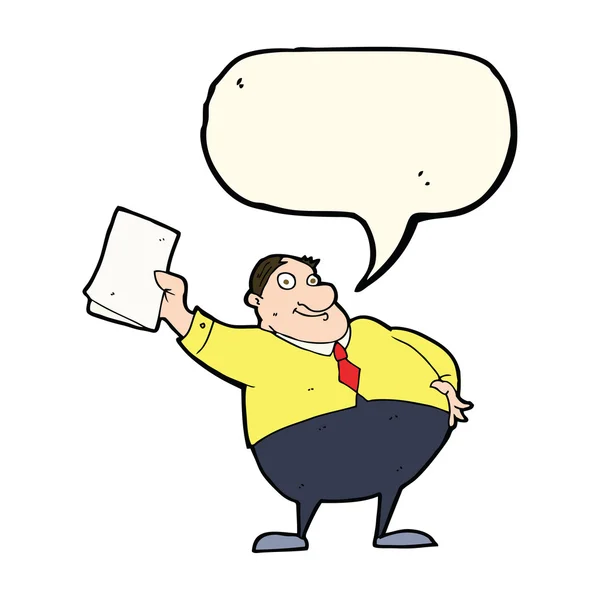 Jefe de dibujos animados agitando papeles con burbuja de habla — Vector de stock
