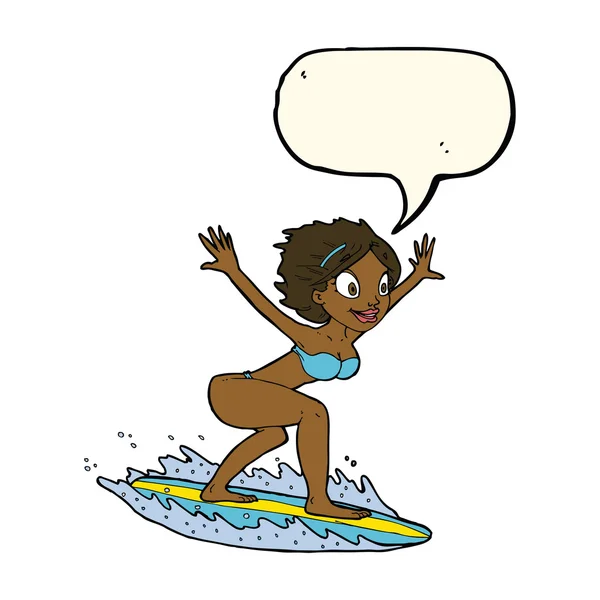 Fille surfeur de bande dessinée avec bulle de parole — Image vectorielle
