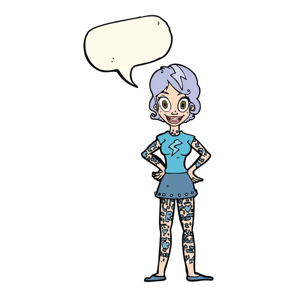 Femme dessin animé avec de lourds tatouages avec bulle de parole — Image vectorielle