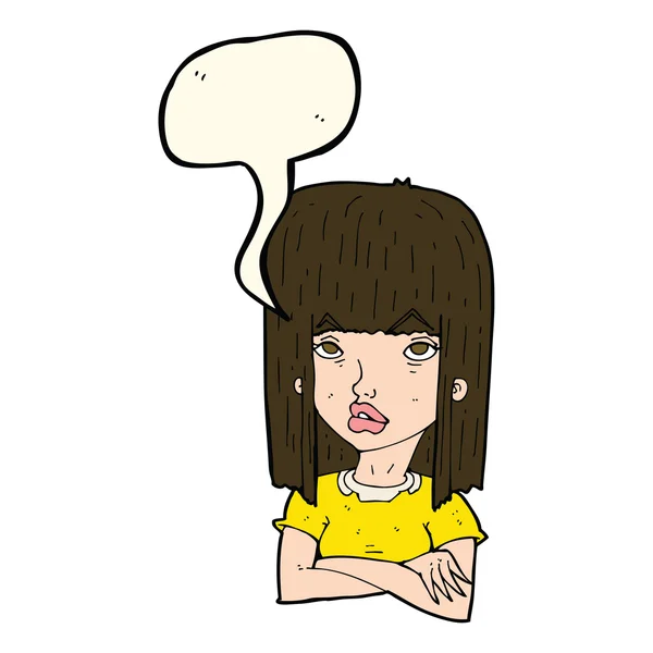 Chica de dibujos animados con brazos cruzados con burbuja de habla — Vector de stock