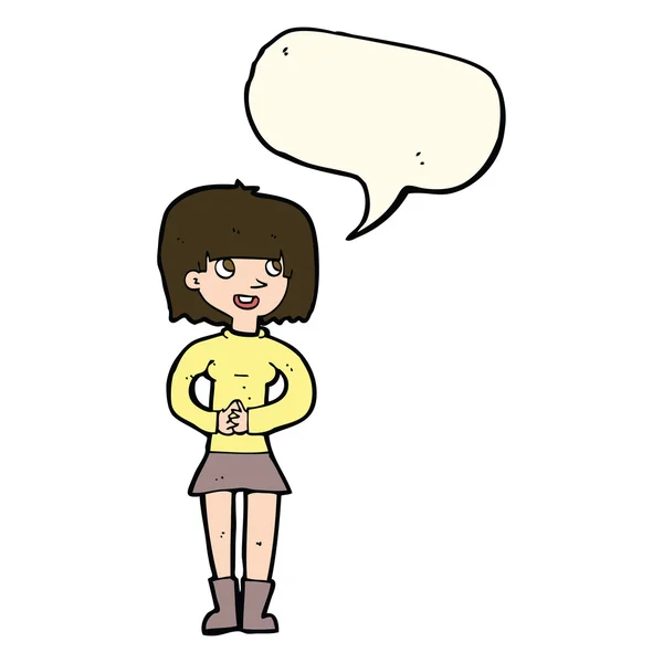 Mujer amigable de dibujos animados con burbuja de habla — Vector de stock