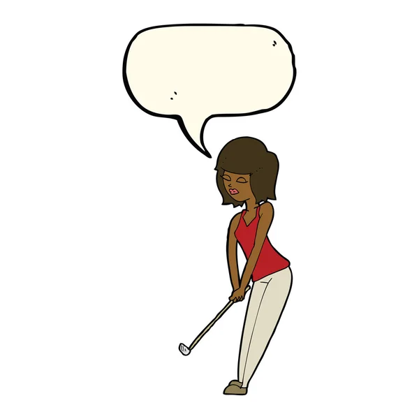 Femme dessin animé jouant au golf avec bulle de parole — Image vectorielle