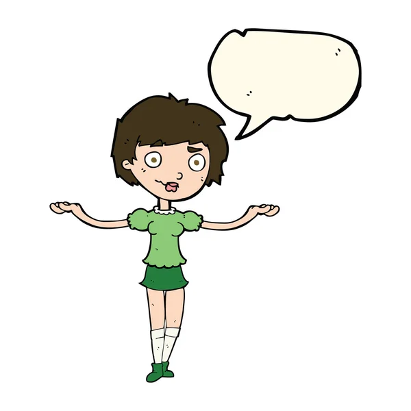 Mujer de dibujos animados extendiendo brazos con burbuja del habla — Vector de stock