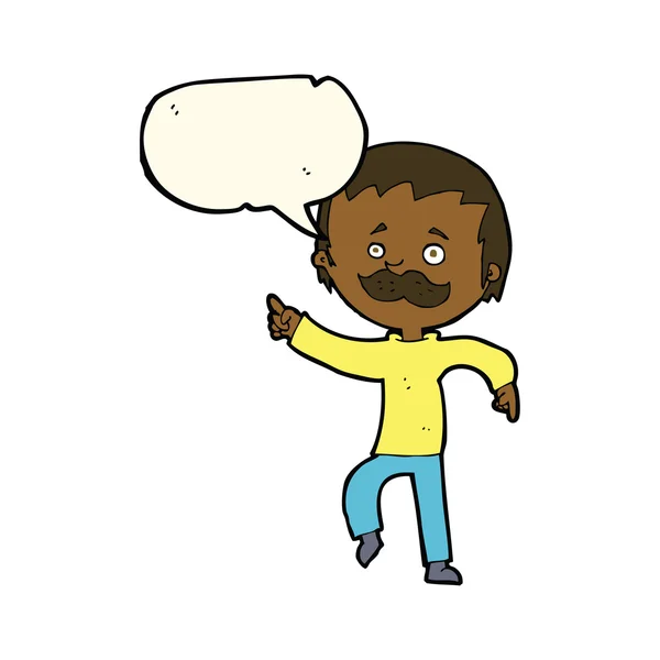 Uomo dei cartoni animati con i baffi che puntano con la bolla discorso — Vettoriale Stock