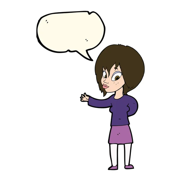 Γελοιογραφία γυναίκα Καλώς χειρονομία με το συννεφάκι λόγου — Διανυσματικό Αρχείο