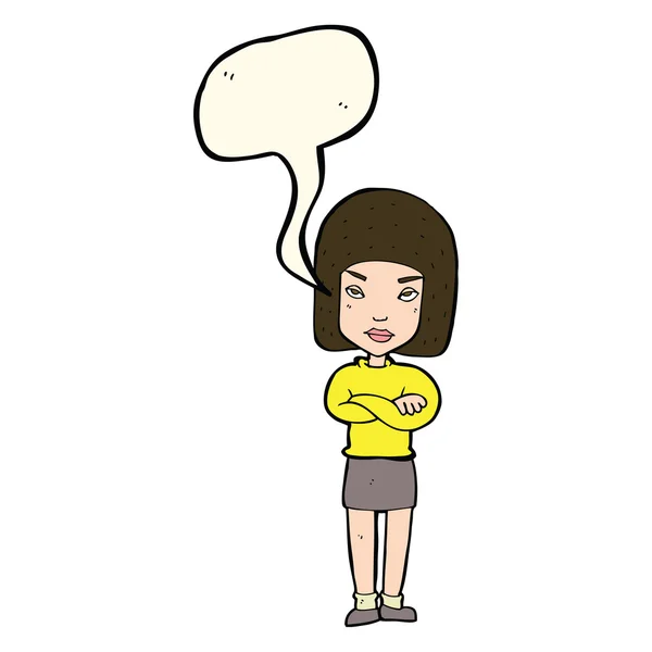 Mujer de dibujos animados con brazos cruzados con burbuja de habla — Vector de stock