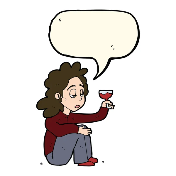 Dessin animé femme malheureuse avec verre de vin avec bulle de parole — Image vectorielle