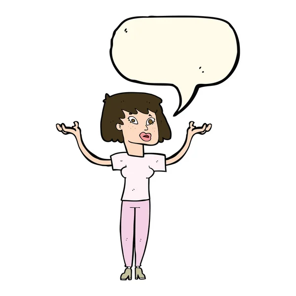 Cartoon mulher segurando as mãos com bolha de fala — Vetor de Stock