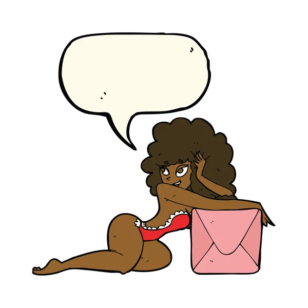 Cartone animato pin up donna con scatola con bolla discorso — Vettoriale Stock