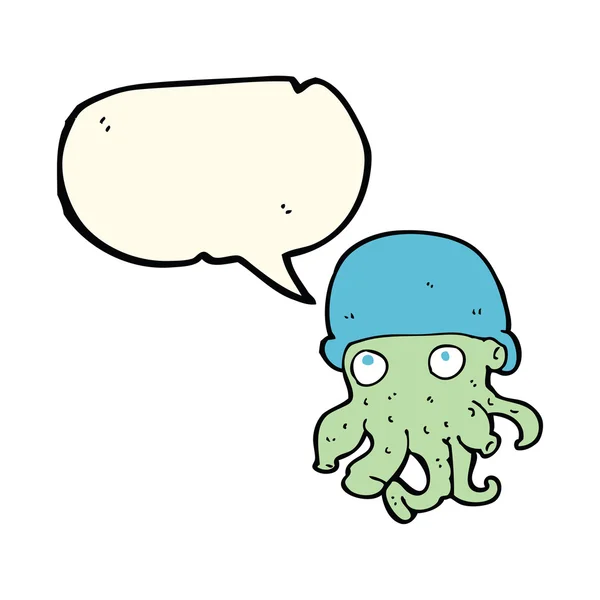 Dibujos animados cabeza alienígena usando sombrero con burbuja de habla — Archivo Imágenes Vectoriales