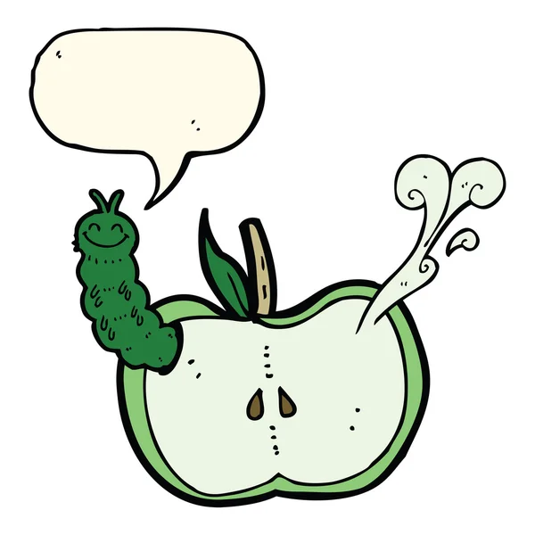 Manzana de dibujos animados con insecto con burbuja de habla — Vector de stock