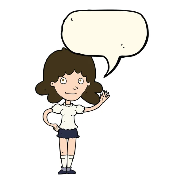 Mujer de dibujos animados ondeando con la burbuja del habla — Vector de stock