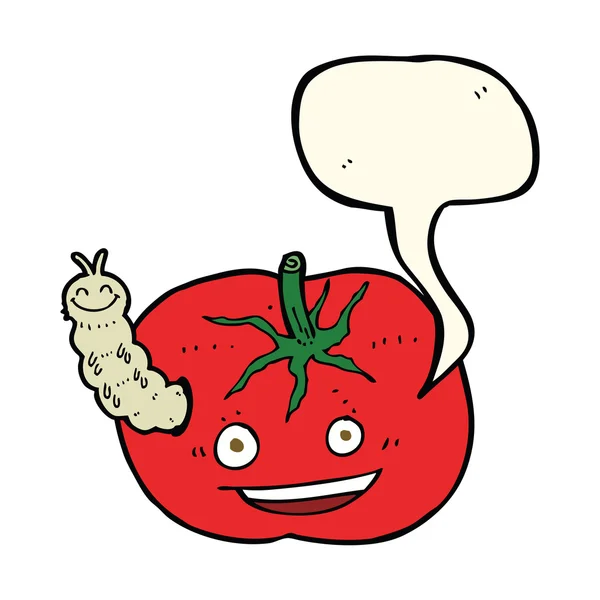 Tomate de dessin animé avec insecte avec bulle de parole — Image vectorielle