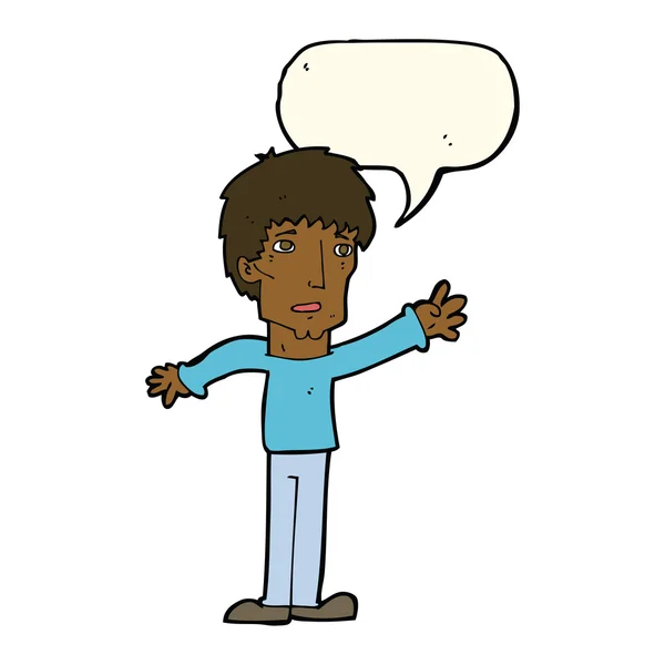 Cartone animato preoccupato uomo allungando la mano con bolla discorso — Vettoriale Stock