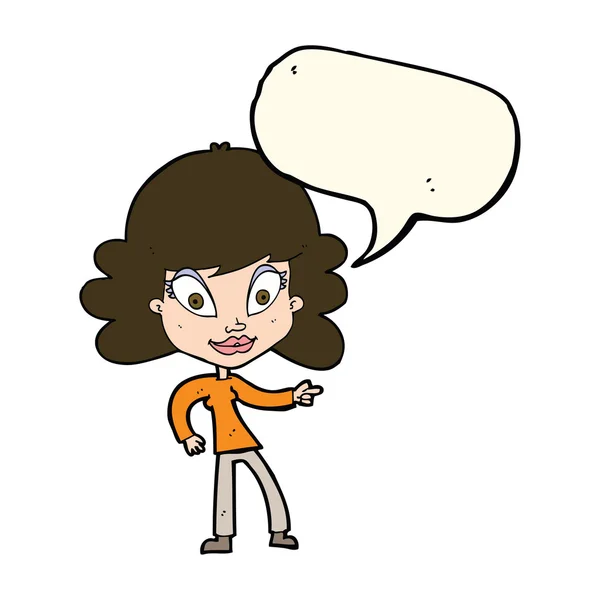 Donna dei cartoni animati che punta con bolla discorso — Vettoriale Stock