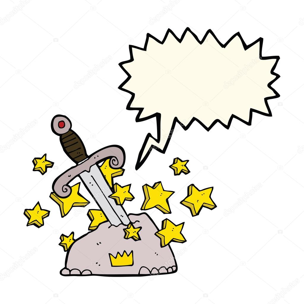 cartoon magical sword in stone with speech bubble