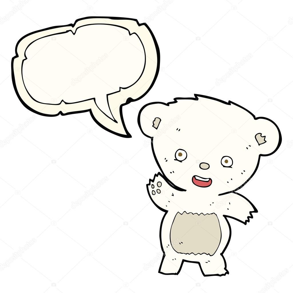 cartoon waving polar bear with speech bubble
