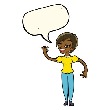 Çizgi film kadını konuşma balonuyla el sallıyor.