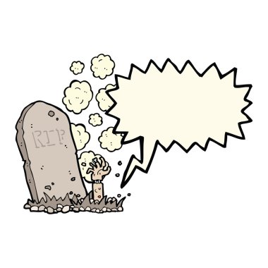 Konuşma baloncuğuyla mezardan yükselen zombi çizgi filmi