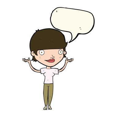 Çizgi filmdeki kadın konuşma baloncuğuyla kollarını havada tutuyor.