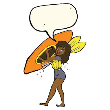 Konuşma balonlu kano taşıyan karikatür kadın.