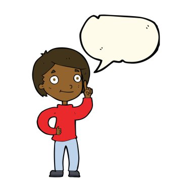 Konuşma baloncuğu fikri olan çizgi film çocuğu.